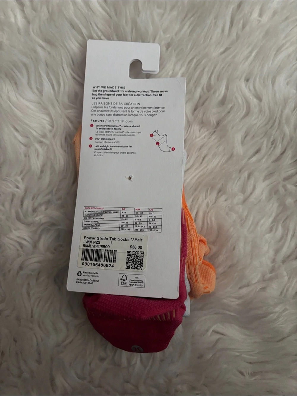 Lululemon Women’s Power Stride Tab Socks, Orange/ light Blue/ Pink, Size Large